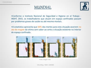 MUNDIAL
PANORÂMA
•Conforme o Instituto Nacional de Seguridad e Higiene en el Trabajo -
INSHT, 2015, os trabalhadores que atuam em espaço confinados passam
por problemas graves de saúde ou até mesmo mortais.
•A estatística apresenta que 60% das mortes para esta situação ocorrem no
ato do resgate da vitima sem saber ao certo a situação existente no interior
do espaço confinado.
Chio Ming - RGM: 1205960
Fonte: imagem livre
 