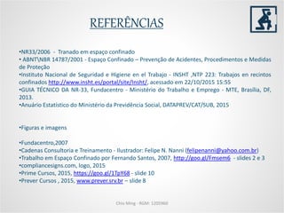 REFERÊNCIAS
•NR33/2006 - Tranado em espaço confinado
• ABNTNBR 14787/2001 - Espaço Confinado – Prevenção de Acidentes, Procedimentos e Medidas
de Proteção
•Instituto Nacional de Seguridad e Higiene en el Trabajo - INSHT ,NTP 223: Trabajos en recintos
confinados http://www.insht.es/portal/site/Insht/, acessado em 22/10/2015 15:55
•GUIA TÉCNICO DA NR-33, Fundacentro - Ministério do Trabalho e Emprego - MTE, Brasília, DF,
2013.
•Anuário Estatístico do Ministério da Previdência Social, DATAPREV/CAT/SUB, 2015
•Figuras e imagens
•Fundacentro,2007
•Cadenas Consultoria e Treinamento - Ilustrador: Felipe N. Nanni (felipenanni@yahoo.com.br)
•Trabalho em Espaço Confinado por Fernando Santos, 2007, http://goo.gl/Fmsem6 - slides 2 e 3
•compliancesigns.com, logo, 2015
•Prime Cursos, 2015, https://goo.gl/1TpY68 - slide 10
•Prever Cursos , 2015, www.prever.srv.br – slide 8
Chio Ming - RGM: 1205960
 