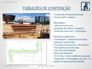 TUBULÕES DE CONTENÇÃO
Chio Ming - RGM: 1205960
ESTUDO DE CASO
Foto: da autora
Foto e imagem: cedidas pela construtora
• Contenção do Stand de vendas
• Ensaios SPT e rotativa,
Dificuldades:
• solo era muito ruim,
• presença de rochas e matacões
• ponta da estaca raiz – danificadas
Solução de engenharia:
• contratação - empresa terceirizada
• posseiros experientes,
• 12 duplas de posseiros = 24 homens
• 54 tubulões de contenção
• 23 m de profundidade
• 80 cm de diâmetro
• 2 a 3 dias - tempo médio de execução
• Supervisão: encarregado da obra e a
equipe de segurança do trabalho.
 