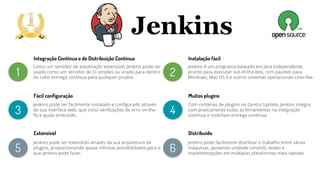 Como um servidor de automação extensível, Jenkins pode ser
usado como um servidor de CI simples ou virado para dentro
do cubo entrega contínua para qualquer projeto.
1
3
5
Jenkins pode ser facilmente instalado e configurado através
de sua interface web, que inclui verificações de erro on-the-
fly e ajuda embutido.
Jenkins pode ser estendido através da sua arquitetura de
plugins, proporcionando quase infinitas possibilidades para o
que Jenkins pode fazer.
Integração Contínua e de Distribuição Contínua
Fácil configuração
Extensível
Jenkins é um programa baseado em Java independente,
pronto para executar out-of-the-box, com pacotes para
Windows, Mac OS X e outros sistemas operacionais Unix-like.
2
4
6
Com centenas de plugins no Centro Update, Jenkins integra
com praticamente todas as ferramentas na integração
contínua e toolchain entrega contínua.
Jenkins pode facilmente distribuir o trabalho entre várias
máquinas, ajudando unidade constrói, testes e
implementações em múltiplas plataformas mais rápidas.
Instalação fácil
Muitos plugins
Distribuído
 