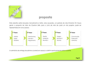 Cr e a t i v e
S k i l l s
Pag13
1º Passo
•  Adesão
•  Target
•  Deadline
2º Passo
•  Brainstorming
•  Reunião I
•  Regulamento
3º Passo
•  Desafio
•  Avaliação
•  Reunião II
4º Passo
•  Triagem
•  Reunião III
•  Decisão
5º Passo
•  Comunicação
•  Publicação
•  Cerimónia
Estes desafios serão lançados mensalmente e terão, salvo exceções, um período de vida trimestral. Em traços
gerais, a proposta de valor da Creative Skills, para o ciclo de vida de cada um dos projetos, pode ser
representada em cinco passos:
A cerimónia de entrega de prémios ocorrerá em espaço a definir oportunamente entre as partes
proposta
 