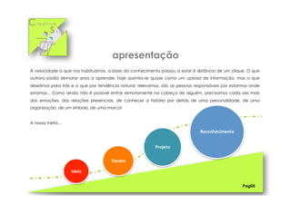 Cr e a t i v e
S k i l l s
Ideia	
  
Equipa	
  
Projeto	
  
Reconhecimento	
  
Pag05
À velocidade a que nos habituámos, a base do conhecimento passou a estar à distância de um clique. O que
outrora podia demorar anos a aprender, hoje assimila-se quase como um upload de informação, mas o que
deixámos para trás e o que por tendência natural, relevamos, são as pessoas responsáveis por estarmos onde
estamos... Como ainda não é possível entrar remotamente na cabeça de alguém, precisamos cada vez mais
das emoções, das relações presenciais, de conhecer a história por detrás de uma personalidade, de uma
organização, de um símbolo, de uma marca!
A nossa meta…
apresentação
 