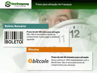 u•.oo.,.....0 ÇOUS<O COirUfd aqr4
BOLETO
 I I I 1
Prazo de até 48h úteis para ativação
Obs: Não é necessário o envio de
comprovante, basta pagar o boleto e
aguardar
Bitcoins
Gbitcoin
Prazo de até 40 minutos para ativação
Nosso sistema é 100% automatizado com a
BlockChain. Não é necessário envio de
comprovante para ativação
 