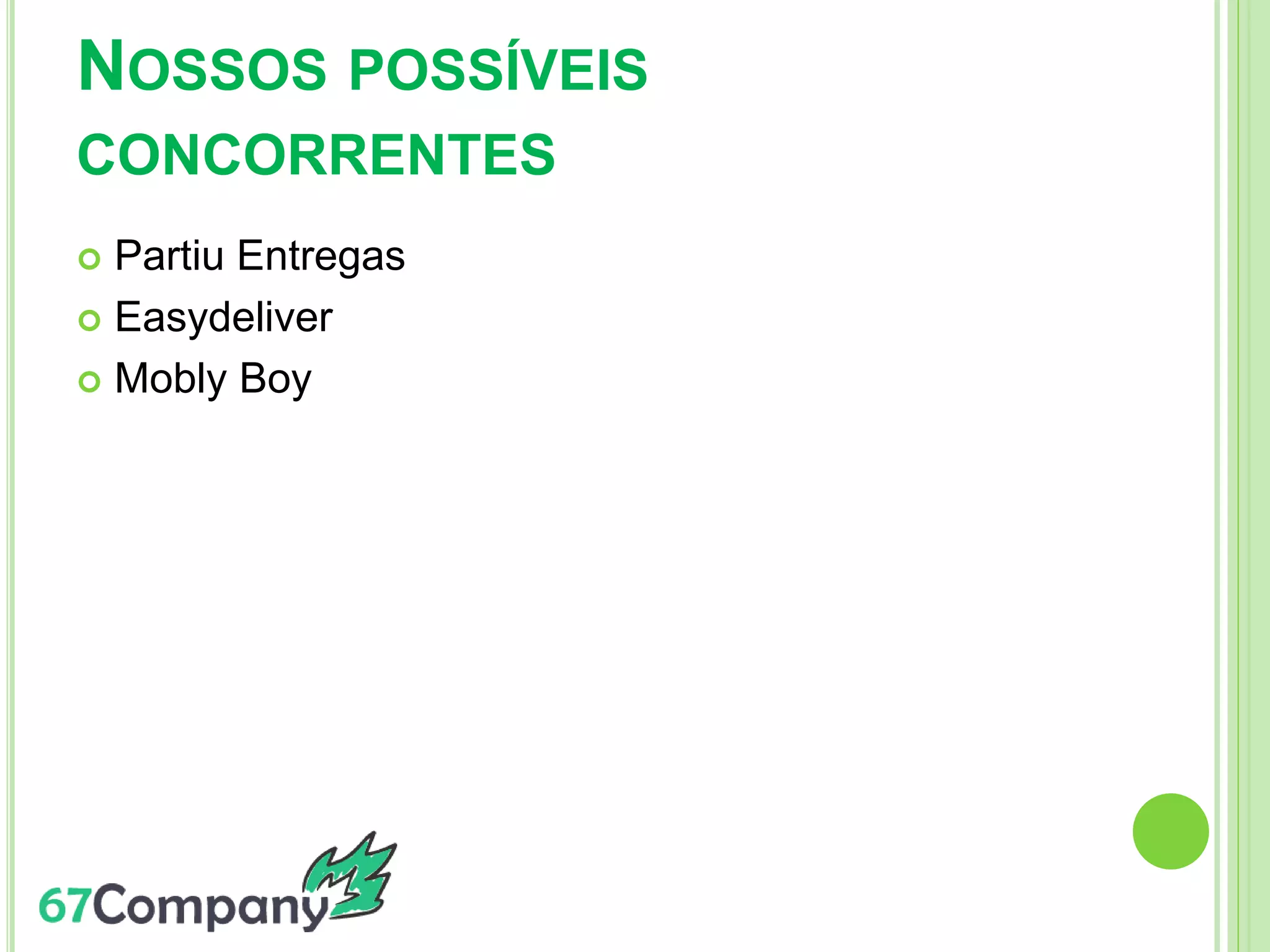 NOSSOS POSSÍVEIS
CONCORRENTES
 Partiu Entregas
 Easydeliver
 Mobly Boy
 