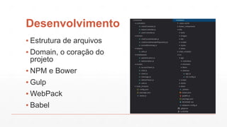 Desenvolvimento
▪ Estrutura de arquivos
▪ Domain, o coração do
projeto
▪ NPM e Bower
▪ Gulp
▪ WebPack
▪ Babel
 