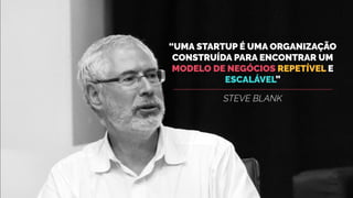 “UMA STARTUP É UMA ORGANIZAÇÃO
CONSTRUÍDA PARA ENCONTRAR UM
MODELO DE NEGÓCIOS REPETÍVEL E
ESCALÁVEL”
STEVE BLANK
 