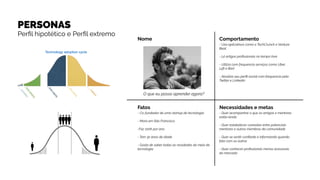 PERSONAS
Perﬁl hipotético e Perﬁl extremo
Nome
Fatos
O que eu posso aprender agora?
- Co-fundador de uma startup de tecnologia
- Mora em São Francisco
-Faz 100k por ano
- Tem 32 anos de idade
- Gosta de saber todas as novidades do meio de
tecnologia
Necessidades e metas
- Quer acompanhar o que os amigos e mentores
estão lendo
- Quer estabelecer conexões entre potenciais
mentores e outros membros da comunidade
- Quer se sentir conﬁante e informando quando
fala com os outros
- Quer conhecer proﬁssionais menos acessiveis
do mercado
Comportamento
- Usa aplicativos como o TechCrunch e Venture
Beat
- Lê artigos proﬁssionais no tempo livre
- Utiliza com frequencia serviços como Uber,
Lyft e Bart
- Atualiza seu perﬁl social com frequencia pelo
Twitter e Linkedin
 