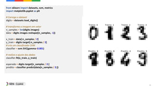 14
from sklearn import datasets, svm, metrics
import matplotlib.pyplot as plt
# Carrega o dataset
digits = datasets.load_digits()
# transforma a imagem em vetor
n_samples = len(digits.images)
data = digits.images.reshape((n_samples, -1))
x_train = data[:n_samples / 2]
y_train = digits.target[:n_samples / 2]
# cria um classificador SVM
classifier = svm.SVC(gamma=0.001)
# realiza o ajuste dos dados
classifier.fit(x_train, y_train)
esperado = digits.target[n_samples / 2:]
predito = classifier.predict(data[n_samples / 2:])
 