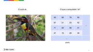 21
O você vê.
50 68 78 95
...
67 21 23 42
71 59 58 31
47 19 29 39
...
O que o computador “vê”.
pixels
 