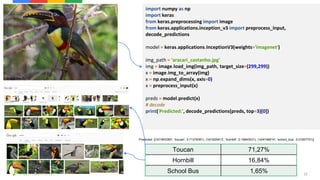 22
import numpy as np
import keras
from keras.preprocessing import image
from keras.applications.inception_v3 import preprocess_input,
decode_predictions
model = keras.applications.InceptionV3(weights='imagenet')
img_path = 'aracari_castanho.jpg'
img = image.load_img(img_path, target_size=(299,299))
x = image.img_to_array(img)
x = np.expand_dims(x, axis=0)
x = preprocess_input(x)
preds = model.predict(x)
# decode
print('Predicted:', decode_predictions(preds, top=3)[0])
Toucan 71,27%
Hornbill 16,84%
School Bus 1,65%
Predicted: [('n01843383', 'toucan', 0.71278381), ('n01829413', 'hornbill', 0.16843531), ('n04146614', 'school_bus', 0.01657751)]
 