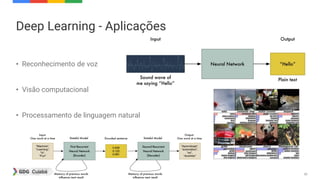 30
Deep Learning - Aplicações
• Reconhecimento de voz
• Visão computacional
• Processamento de linguagem natural
 