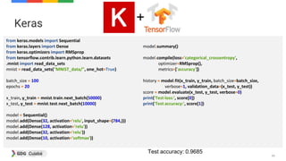 54
Keras
from keras.models import Sequential
from keras.layers import Dense
from keras.optimizers import RMSprop
from tensorflow.contrib.learn.python.learn.datasets
.mnist import read_data_sets
mnist = read_data_sets("MNIST_data/", one_hot=True)
batch_size = 100
epochs = 20
x_train, y_train = mnist.train.next_batch(50000)
x_test, y_test = mnist.test.next_batch(10000)
model = Sequential()
model.add(Dense(32, activation='relu', input_shape=(784,)))
model.add(Dense(128, activation='relu'))
model.add(Dense(32, activation='relu'))
model.add(Dense(10, activation='softmax'))
model.summary()
model.compile(loss='categorical_crossentropy',
optimizer=RMSprop(),
metrics=['accuracy'])
history = model.fit(x_train, y_train, batch_size=batch_size,
verbose=1, validation_data=(x_test, y_test))
score = model.evaluate(x_test, y_test, verbose=0)
print('Test loss:', score[0])
print('Test accuracy:', score[1])
Test accuracy: 0.9685
 