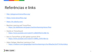 57
Referências e links
• http://playground.tensorflow.org/
• https://www.tensorflow.org/
• https://br.udacity.com/
• Machine Learning and TensorFlow:
• https://pt.slideshare.net/jpapo/machine-learning-tensor-flow
• Hands-on Tensorboard:
• https://www.youtube.com/watch?v=eBbEDRsCmv4&t=5s
• Intro to TensorFlow @ GDG global summit 2016:
• https://www.youtube.com/watch?v=SMltx_mHFsY&t=2s
• Adam Geitgey: Machine Learning is Fun!
• https://medium.com/@ageitgey/machine-learning-is-fun-80ea3ec3c471#.khzmtikoz
 