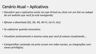 Cenário Atual – Aplicativos
• Descobrir que o aplicativo existe na Loja Virtual ou clicar em um link no rodapé
de um website que você já está navegando;
• Efetuar o download (2G, 3G, 4G, Wi-Fi, Lie-Fi, etc);
• Se cadastrar quando necessário;
• Visualizar praticamente a mesma coisa que você já estava visualizando....
• Compartilhar conteúdo via print-screen em redes sociais, ou integrações com
novos privilégios;
 