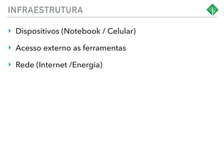 INFRAESTRUTURA
‣ Dispositivos (Notebook / Celular)
‣ Acesso externo as ferramentas
‣ Rede (Internet /Energia)
 