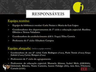 Equipa restrita:
 Equipa da biblioteca escolar: Carla Nunes e Maria da Luz Lopes
 Coordenadores dos departamentos de 1º ciclo e educação especial: Basilina
Oliveira e Teresa Valadares
 Coordenadora de estabelecimento (EB S. Tiago): Elisa Correia
 Professora do 1º ciclo: Elisabete Campos
Equipa alargada: (inclui a equipa restrita)
 Coordenadores de ano (1º ciclo): Carla Rodrigues (1ºano), Paula Tomás (2ºano); Graça
Gabriel (3ºano), Carmo Marques (4ºano)
 Professores de 1º ciclo do agrupamento
 Professoras de educação especial: Manuela Afonso, Isabel Melo (EREBAS),
Delminda Ribeiro, Nuno Carreiro, Isaura Fidalgo (EE), Aida Belo, Filomena
Camelo (UEE)
RESPONSÁVEIS
 