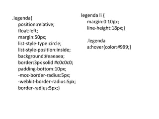 legenda li {margin:0 10px; line-height:18px;}.legenda a:hover{color:#999;}.legenda{position:relative; float:left; margin:50px; list-style-type:circle; list-style-position:inside;  background:#eaeaea; border:3px solid #c0c0c0; padding-bottom:10px; -moz-border-radius:5px; -webkit-border-radius:5px; border-radius:5px;}