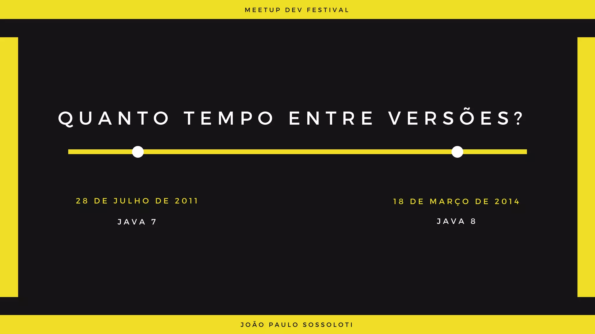 M E E T U P D E V F E S T I V A L
J O Ã O P A U L O S O S S O L O T I
Q U A N T O T E M P O E N T R E V E R S Õ E S ?
2 8 D E J U L H O D E 2 0 1 1
J A V A 7
1 8 D E M A R Ç O D E 2 0 1 4
J A V A 8
 