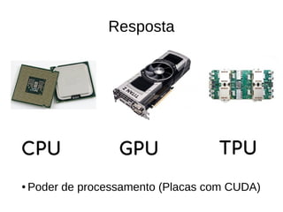 Resposta
● Poder de processamento (Placas com CUDA)
 