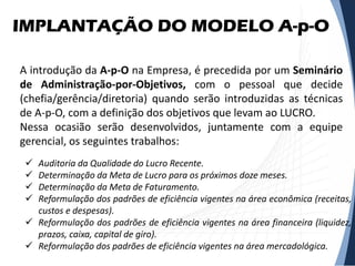 IMPLANTAÇÃO DO MODELO A-p-O
A introdução da A-p-O na Empresa, é precedida por um Seminário
de Administração-por-Objetivos, com o pessoal que decide
(chefia/gerência/diretoria) quando serão introduzidas as técnicas
de A-p-O, com a definição dos objetivos que levam ao LUCRO.
Nessa ocasião serão desenvolvidos, juntamente com a equipe
gerencial, os seguintes trabalhos:
 Auditoria da Qualidade do Lucro Recente.
 Determinação da Meta de Lucro para os próximos doze meses.
 Determinação da Meta de Faturamento.
 Reformulação dos padrões de eficiência vigentes na área econômica (receitas,
custos e despesas).
 Reformulação dos padrões de eficiência vigentes na área financeira (liquidez,
prazos, caixa, capital de giro).
 Reformulação dos padrões de eficiência vigentes na área mercadológica.
 