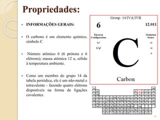  INFORMAÇÕES GERAIS:
 O carbono é um elemento químico,
símbolo C
 Número atômico 6 (6 prótons e 6
elétrons); massa atómica 12 u, sólido
à temperatura ambiente.
 Como um membro do grupo 14 da
tabela periódica, ele é um não-metal e
tetravalente - fazendo quatro elétrons
disponíveis na forma de ligações
covalentes.
10
Propriedades:
 