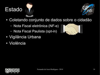 Fernando de Assis Rodrigues - 2014 14
Estado
● Coletando conjunto de dados sobre o cidadão
– Nota Fiscal eletrônica (NF-e)
– Nota Fiscal Paulista (opt-in)
● Vigilância Urbana
● Violência
 