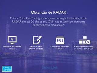 Reduza custos com uma consolidação de cargas
Com a consolidação de cargas da China LinkTrading, sua empresa
consegue reduzir custos aduaneiros ﬁxos e ganhar em escala no
frete. Saiba mais:
Vários fornecedores
em um embarque
Consolidação entre
países na Ásia
Redução de custos na
importação
Consolidação
documental e física
< MENU
SERVIÇOS
APRESENTAÇÃO COMERCIAL - COPYRIGHT © China Link Trading 2008 - 2019 © Todos os direitos reservados
 
