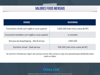 porcentagem sobre a compra
Valor FOB por compra Serviços China Link
Abaixo de 10,000 USD 1,000 USD
De 10,001 a 20,000 USD 10%
De 20,001 a 30,000 USD 9%
De 30,001 a 50,000 USD 8%
De 50,001 a 70,000 USD 7%
De 70,001 a 150,000 USD 6%
De 150,001 a 500,000 USD 5%
Acima de 500,000 USD 4%
Veja em seguida o que está incluso caso você opte pela porcentagem na compra
APRESENTAÇÃO COMERCIAL - COPYRIGHT © China Link Trading 2008 - 2019 © Todos os direitos reservados
 