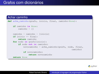 Grafos com dicionários
Achar caminho
def ache_caminho(grafo, inicio, final, caminho=None):
if caminho is None:
caminho = []
caminho = caminho + [inicio]
if inicio == final:
return caminho
for nodo in grafo[inicio]:
if nodo not in caminho:
novocaminho = ache_caminho(grafo, nodo, final,
caminho)
if novocaminho:
return novocaminho
return None
Rafael Sachetto Oliveira Introdução à linguagem de programação Python
 