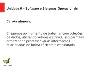 Unidade 6 – Software e Sistemas Operacionais
Caro/a aluno/a,
Chegamos ao momento de trabalhar com coleções
de dados, utilizando vetores e strings. Isso permitirá
armazenar e processar várias informações
relacionadas de forma eficiente e estruturada.
 