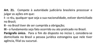 Art. 21. Compete à autoridade judiciária brasileira processar e
julgar as ações em que:
I - o réu, qualquer que seja a sua...
