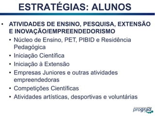 16
ESTRATÉGIAS: ALUNOS
• ATIVIDADES DE ENSINO, PESQUISA, EXTENSÃO
E INOVAÇÃO/EMPREENDEDORISMO
• Núcleo de Ensino, PET, PIBID e Residência
Pedagógica
• Iniciação Científica
• Iniciação à Extensão
• Empresas Juniores e outras atividades
empreendedoras
• Competições Científicas
• Atividades artísticas, desportivas e voluntárias
 