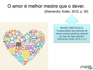 O amor é melhor mestre que o dever.
(Diamandis; Kotler, 2012, p. 36)
MAIOR OBSTÁCULO:
“incapacidade das pessoas de
verem pontos positivos através
do mar de más notícias”
(Diamandis; Kotler, 2012, p. 41)
 