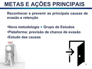 Reconhecer e prevenir as principais causas de
evasão e retenção
•Nova metodologia + Grupo de Estudos
•Plataforma: previsão de chance de evasão
•Estudo das causas
5
METAS E AÇÕES PRINCIPAIS
 