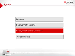 Agenda




                     Destaques


                     Desempenho Operacional


                     Desempenho Econômico-Financeiro


                     Posição Financeira




         Divulgação de Resultados 4T11 | 22 de Março de 2012   10
 