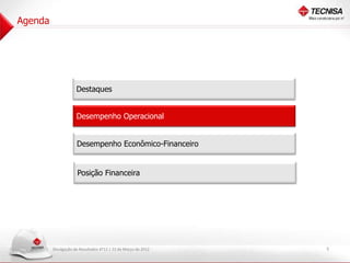 Agenda




                     Destaques


                     Desempenho Operacional


                     Desempenho Econômico-Financeiro


                     Posição Financeira




         Divulgação de Resultados 4T11 | 22 de Março de 2012   5
 