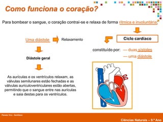 Como funciona o coração?
Para bombear o sangue, o coração contrai-se e relaxa de forma rítmica e involuntária:



                            Uma diástole     Relaxamento                   Ciclo cardíaco

                                                           constituído por: — duas sístoles

                            Diástole geral                                 — uma diástole




    As aurículas e os ventrículos relaxam, as
    válvulas semilunares estão fechadas e as
   válvulas auriculoventriculares estão abertas,
   permitindo que o sangue entre nas aurículas
        e saia destas para os ventrículos.




Planeta Vivo - Santillana
        Planeta Terra — 9.º ano
                                                                          Ciências Naturais – 9.º Ano
 