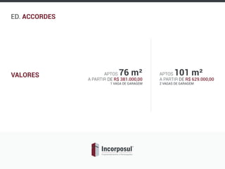 ED. ACCORDES
APTOS 76 m²
A PARTIR DE R$ 381.000,00
1 VAGA DE GARAGEM
APTOS 101 m²
A PARTIR DE R$ 629.000,00
2 VAGAS DE GARAGEM
VALORES
 