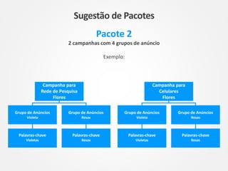 Pacote 2
2 campanhas com 4 grupos de anúncio
Exemplo:
Grupo de Anúncios
Violeta
Palavras-chave
Violetas
Palavras-chave
Rosas
Grupo de Anúncios
Rosas
Grupo de Anúncios
Violeta
Palavras-chave
Violetas
Palavras-chave
Rosas
Grupo de Anúncios
Rosas
Campanha para
Rede de Pesquisa
Flores
Campanha para
Celulares
Flores
Sugestão de Pacotes
 