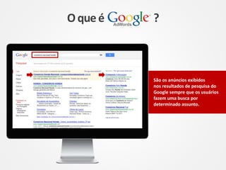 O queé ?
São os anúncios exibidos
nos resultados de pesquisa do
Google sempre que os usuários
fazem uma busca por
determinado assunto.
 