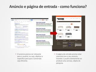 Anúncio e página de entrada - como funciona?
• O anúncio precisa ser relevante
para o usuário, ou seja, objetivo e
específico para que a conversão
seja eficiente.
• A página de entrada precisa estar
coerente com o seu anúncio,
levando o usuário diretamente ao
produto e/ou serviço, objeto da
pesquisa.
 