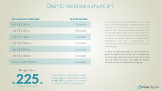 Quanto custa para anunciar?
Até R$ 1.000,00
Até R$ 5.000,00
Até R$ 8.000,00
Até R$ 12.000,00
Até R$ 18.000,00
Até R$ 25.000,00
Acima de R$ 25.000,00
Consulte
Consulte
Consulte
Consulte
Consulte
Consulte
Consulte
Verba mensal no Google Taxa de Gestão
As campanhas de links patrocinados e de mídia
gráfica de performance se caracterizam pelo alto
controle de investimento que os anunciantes
possuem. Você decide quanto quer investir por mês
e ainda paga apenas pelos usuários que clicaram no
seu anúncio. A verba mensal é decidida através da
consultoria da agência, que buscará a melhor opção
baseando-se na sua disponibilidade de
investimento, na concorrência do mercado e na sua
segmentação.
A tabela ao lado representa as taxas mensais de
gestão da agência de acordo com o investimento
envolvido. Na coluna da esquerda você encontra o
valor de verba mensal que você pagará ao Google
e à direita a taxa correspondentedegestão.
Como parceiro certificado Google,
a FatorDigital disponibiliza cupons
de R$ 225 em créditos ao investir
osprimeiros R$ 50 na campanha.R$ 225,00
Em publicidade grátis
 