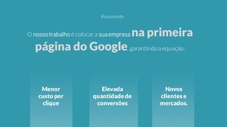 Resumindo
O nossotrabalho é colocar a sua empresa na primeira
página do Google, garantindoa equação:
Menor
custo por
clique
Elevada
quantidadede
conversões
Novos
clientes e
mercados.
 