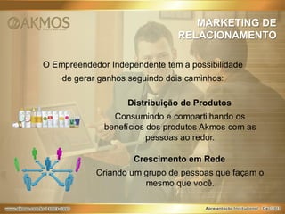 MARKETING DE
RELACIONAMENTO
O Empreendedor Independente tem a possibilidade
de gerar ganhos seguindo dois caminhos:
Distribuição de Produtos
Consumindo e compartilhando os
benefícios dos produtos Akmos com as
pessoas ao redor.
Crescimento em Rede
Criando um grupo de pessoas que façam o
mesmo que você.

 