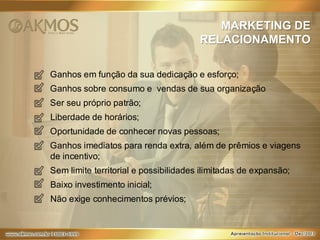 MARKETING DE
RELACIONAMENTO
Ganhos em função da sua dedicação e esforço;
Ganhos sobre consumo e vendas de sua organização
Ser seu próprio patrão;
Liberdade de horários;
Oportunidade de conhecer novas pessoas;
Ganhos imediatos para renda extra, além de prêmios e viagens
de incentivo;
Sem limite territorial e possibilidades ilimitadas de expansão;
Baixo investimento inicial;
Não exige conhecimentos prévios;

 