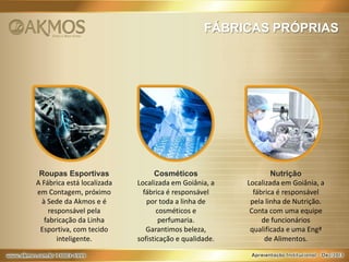 FÁBRICAS PRÓPRIAS

Roupas Esportivas
A Fábrica está localizada
em Contagem, próximo
à Sede da Akmos e é
responsável pela
fabricação da Linha
Esportiva, com tecido
inteligente.

Cosméticos
Localizada em Goiânia, a
fábrica é responsável
por toda a linha de
cosméticos e
perfumaria.
Garantimos beleza,
sofisticação e qualidade.

Nutrição
Localizada em Goiânia, a
fábrica é responsável
pela linha de Nutrição.
Conta com uma equipe
de funcionários
qualificada e uma Engª
de Alimentos.

 