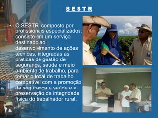 S E S T R
• O SESTR, composto por
profissionais especializados,
consiste em um serviço
destinado ao
desenvolvimento de ações
técnicas, integradas às
praticas de gestão de
segurança, saúde e meio
ambiente de trabalho, para
tomar o local de trabalho
compatível com a promoção
da segurança e saúde e a
preservação da integridade
física do trabalhador rural.
 