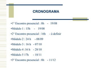CRONOGRAMA 1° Encontro presencial : 8h  -  19/08 Módulo 1 : 15h  -  19/08 2° Encontro presencial : 16h  - à definir Módulo 2 : 24 h  - 08/09  Módulo 3 : 16 h  - 07/10 Módulo 4 :16 h  - 28/10 Módulo 5 17h  - 18/11 3° Encontro presencial : 8h  - 11/12 