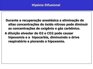 Hipóxia Difusional  Durante a recuperação anestésica a eliminação de altas concentrações do óxido nitroso pode diminuir as concentrações de oxigênio e gás carbônico.  A diluição alveolar do O2 e CO2 pode causar hipoxemia e a  hipocarbia, diminuindo o drive respiratório e piorando a hipoxemia.  