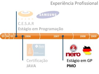 Experiência Profissional 03 04 05 2006 2007 2008 2009 C.E.S.A.R Estágio em Programação Certificação JAVA Estágio em GP PMO 